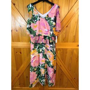 Robbie Bee Pink Multi Color Floral Short Flutter Sleeve Maxi Dress Size 10 (6440